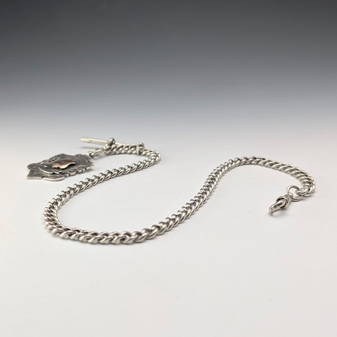 Circa 1919 British Antique Sterling Silver Albert Chain, 53g, Sterling Silver Medal Fob